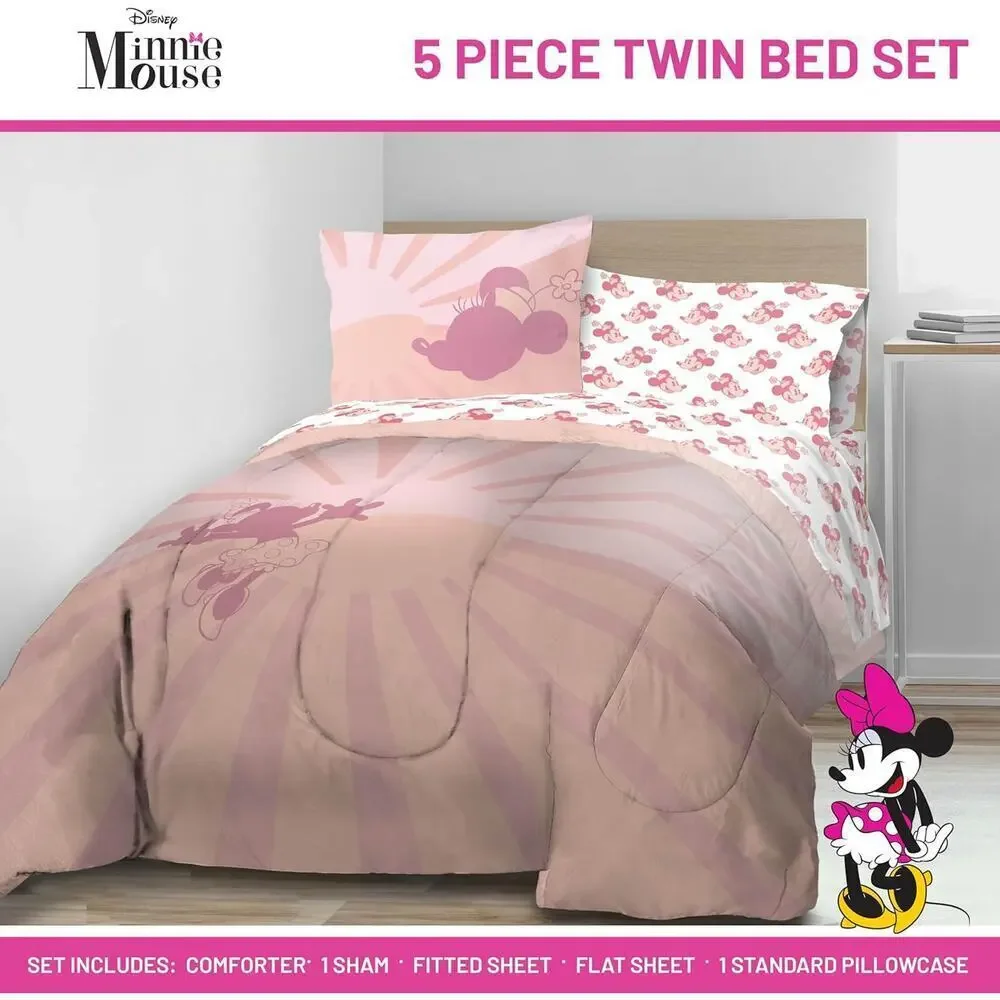 NEW Franco Disney Minnie Mouse 5 Piece Twin Comforter & Sheet Set PINK